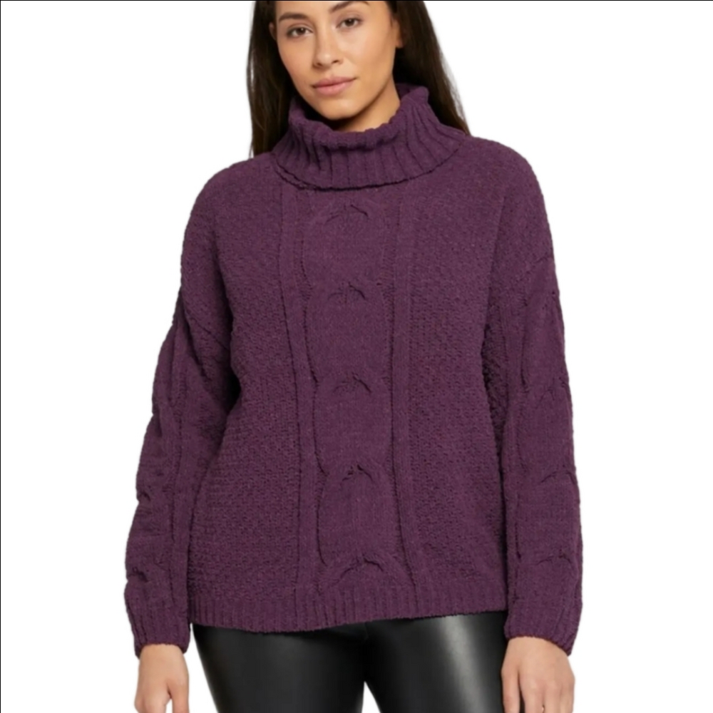 Seven Chenille Cable Knit blackberry Wine Colored Crowl neck sweater msrp 74.00
